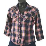 Rue 21  Women’s Plaid Button-Down Shirt – Navy Pink Green Check – Size junior XL Photo 0