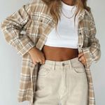Princess Polly  Oversized Flannel Shirt in Tan and Cream Photo 0