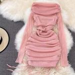 Ruched Bodycon Dress‎ Off Shoulder Long Sleeve Party Cocktail Pink Small size Photo 0