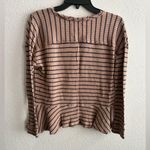Free People We The Free Auntie Em Brown and Black Striped Fringe Neck Peplum Sweater Top S Photo 2