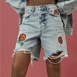 Forever 21 Denim Embroidered Shorts Jean Sz Small Distressed Funky Patches Retro Photo 0