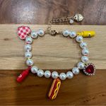 Betsey Johnson  Gold Tone Faux Pearl Ketchup Hotdog Crystal Heart Charm Bracelet Photo 0