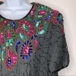 Vintage Black Pink Blue Green Sequined Beaded Silk Top Size XXL Photo 4