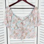 Active USA  Sheer Floral Chiffon Tie Front Crop Blouse Blue Pink 1XL Puff Sleeve Photo 8
