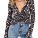 Free People Marne Women's Black Star Print Sheer Mesh Tie Front Boho Coquette Photo 0