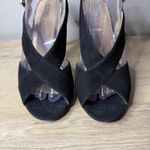 Michael Kors  Black Suede Peep Toe Platform Heels Gold Buckle Dress Shoes Size 9M Photo 3
