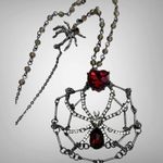 Betsey Johnson NEW SPIDERWEB NECKLACE 35" Long Beads Red Stone Heart Spider Web Photo 0