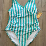 Kona Sol  Women’s Turquoise Striped One-Piece Swimsuit Sz 16W Photo 0
