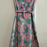 Lilly Pulitzer Green Grass Lion Head & Daisy Strapless Dress Pink Sash Size 6 Photo 0