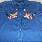 Vintage Cat & USA Embroidered Denim Shirt Size Large Blue Photo 6