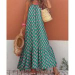 NWT ~ Long Green Boho Maxi Dress Smocked Bohemian Sundress ~ Women's LARGE Photo 2