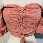 Windsor Women Coral Peasant Lace-Up Off the Shoulder Cottagecore Cropped Top L Photo 3
