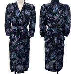 Vintage 80s Floral Print Shirt Dress Peplum Ruffle Faux Wrap Black Purple Small Photo 1