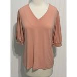 JM Collection Puff Sleeves Tee Shirt Top V-Neck Stretchy Pink Sunstone Small Photo 10