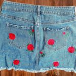 PacSun Women’s Size 28 Embroidered Medium Wash Denim Mini Skirt • Raw Edge Hem Photo 2