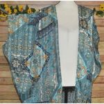 Umgee Ladies S/M Sheer Aqua Blue & Gold Pretty Print Open Front Kimono Cardigan Photo 2