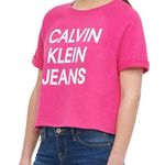 Calvin Klein Hot Pink White French Terry Cropped Short Sleeve Sweatshirt Small Photo 1