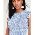 Lost + Wander Blue Floral Print Smocked Ruffle Short Sleeve Midi Dress Size XS Photo 2
