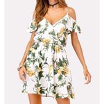 ✨ HP✨V Neckline Open Shoulder Floral Print Dress✨ White Size L Photo 2