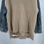Entro Tan V-Neck denim sleeve contrast distressed sweater casual mixed material Photo 7