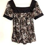 Apostrophe Brown Tan Coral Pink Floral Satin Square Neck Short Sleeve Blouse S Photo 0