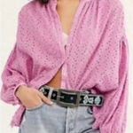 Free People  Maddison Eyelet Blouse Orchid L Button Front Long Sleeve Oversized Photo 0
