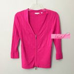 Macy's YUKA Fuchsia Hot Pink Double Zipper V-Neck 3/4 Sleeve Cardigan Sweater Blouse S Photo 0
