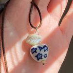 Handmade celestial porcelain heart bead & Czech leaf unique boho fairy whimsical necklace🌙🌀🌟 Photo 1