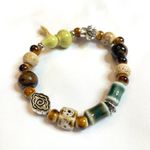 Guru Bracelet green brown tan ceramic beads lotus silver charm stretchy Photo 2