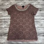 la vanya Women's Lace Overlay Jeweled Neck Tee T Shirt S SM Small Purple Stretch Photo 10