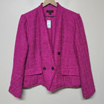 Ann Taylor 14P Petite Bouclé Tweed Blazer Pink Fringe Double Breasted Jacket NWT Photo 0