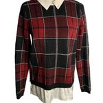 Tahari  Layered Look Flannel Sweater M Red Plaid Long Sleeve Collar Keyhole Back Photo 0
