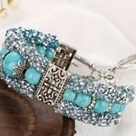 Vintage Faux Turquoise Beads Rhinestone Carved Bracelet Multiple Size undefined Photo 2