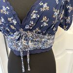 Altar'd State Altar’d State Blue Floral Lace Trim Cropped Top Tie Back Sweetheart Neckline Photo 3