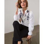 Chico's Womens 12 Top White No Iron Cotton Floral Button Down Blouse Ruffle Bell Photo 5