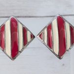 Vintage Clip On Earrings Large Red & Cream Striped Photo 0