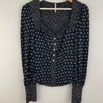 Free People Black Floral Kissin Kate Contrast Trim Long Sleeve Henley Top Photo 2