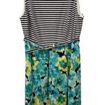 Madison Leigh  Blue White Plus Size Striped and Floral Belted Stretchy Midi Dress Photo 0