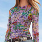 Johnny Was  Floral Mesh Ruched Long Sleeve Top - Boho Vibrant Print small NWT Photo 0