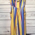 Lush Clothing Lush Yellow & Periwinkle Striped Wide Leg Open Back Jumpsuit Photo 4