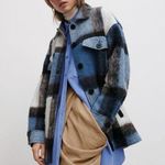 ZARA  Size Large Blue Oversized Wool Blend Plaid Overshirt Jacket Button Photo 0