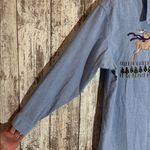 Vintage 80’s Folk Embroidery Button Front Shirt Chambray Large Christmas Grandma Blue Photo 6
