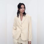 ZARA  Bloggers‎ Favorite Oyster White Lapel Collar Buttoned Cotton Blazer Sz L Photo 3