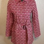Gap  Pink Red Cream Trench Coat Circle Floral Belt Buttons 100% Cotton Size Small Photo 5