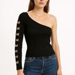 Topshop NEW  Black One Shoulder Sleeve Rings Stretch Knit Pullover Sweater Top 4 Photo 0