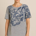 Rebecca Taylor Shirt Women Large Blue White Linen Floral hort Sleeve Tee Boho Photo 0