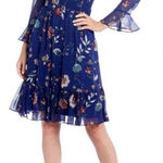 Calvin Klein  Women's Floral A-Line Dress Bell Sleeves Size 8 Blue Fall Cocktail Photo 0