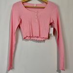 BP . Women’s Scoop Neck Waffle Knit Cropped Henley Long Sleeve Pink Candy NWT Photo 0