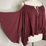 Sans Souci Boho Burgundy Cold Shoulder Tassels Bell Sleeves Top Photo 4