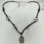 Chico's Black Double Cord Hammered Metal Silver and Gold Tone Pendant Necklace Photo 0